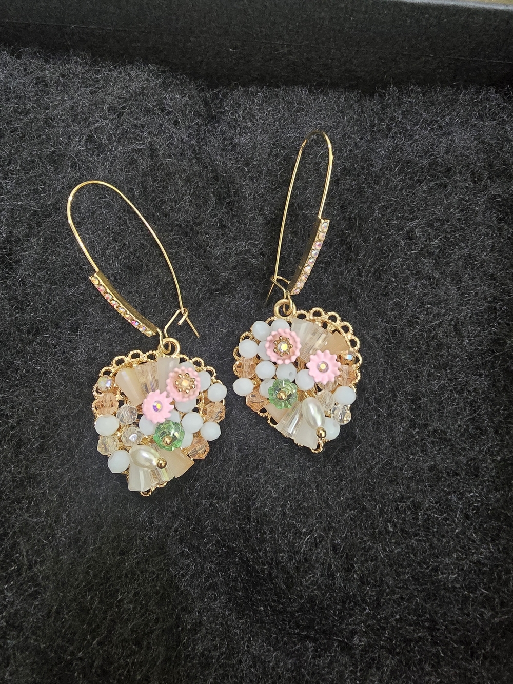 Betsey Johnson Gold Heart Drop Earrings with Pink and Green Accents